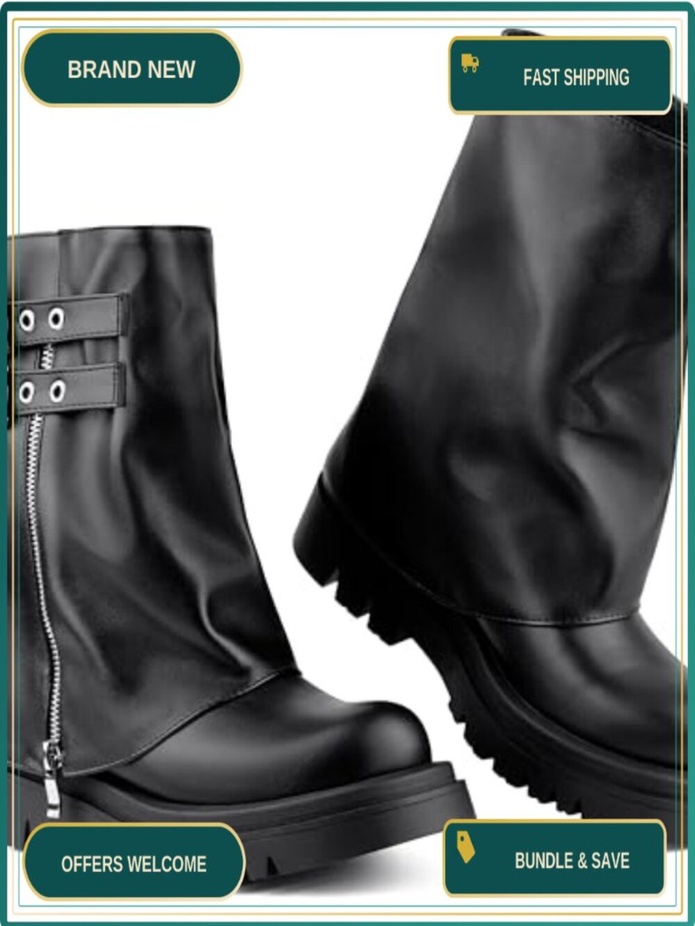 Fold Over Mid Calf Boots Slouchy Moto Biker Combat Faux Leather